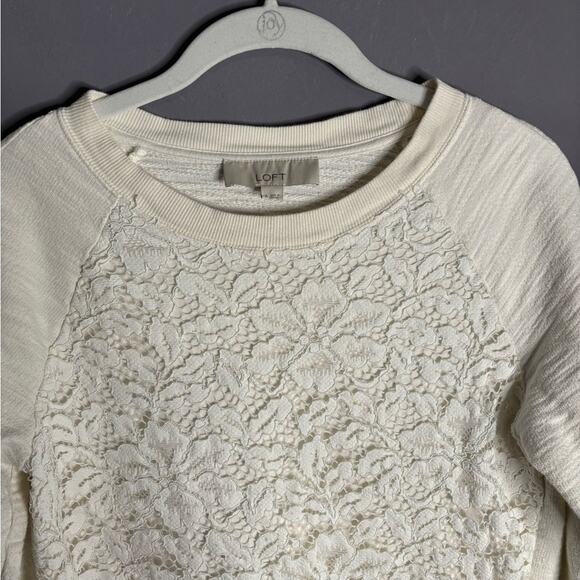 Loft White Lace Front Long Sleeve Cotton Sweatshirt Size Small - Picture 2 of 6